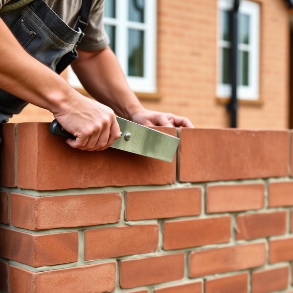 Skilled bricklayer building a face brick wall